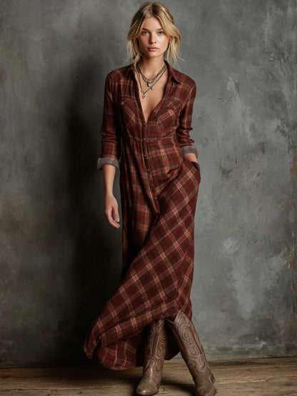 Women's plaid long-sleeve maxi dress with button-front and chest pockets – Red
