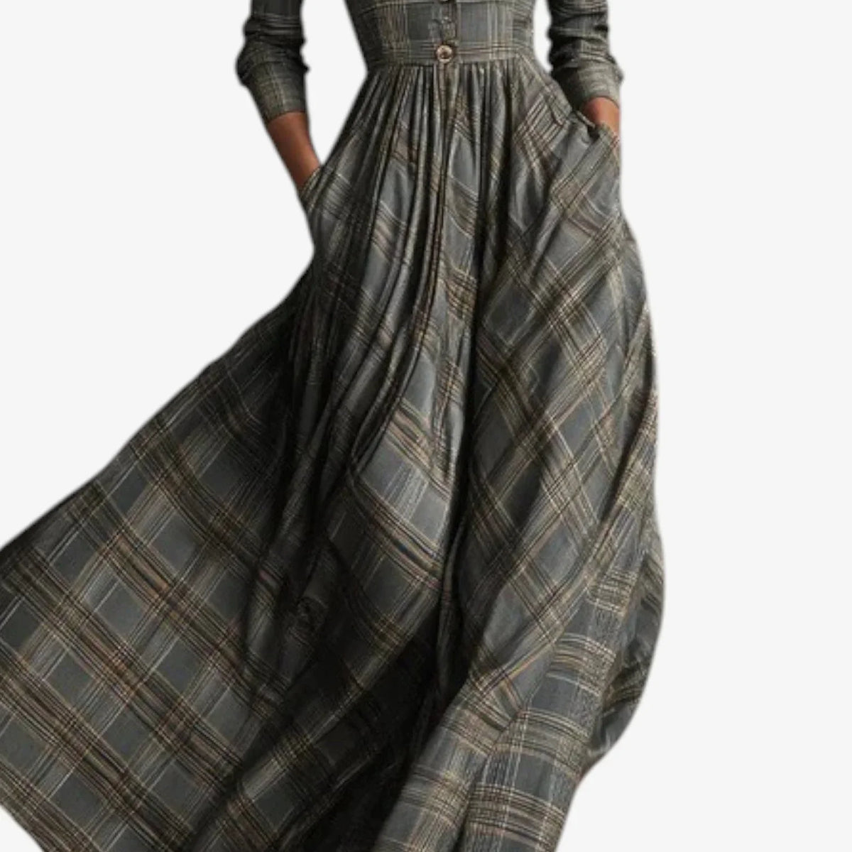 Women's plaid maxi dress with collared V-neck and 3/4 sleeve button-front – Grey