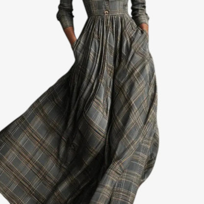 Women's plaid maxi dress with collared V-neck and 3/4 sleeve button-front – Grey
