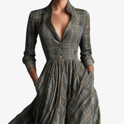 Women's plaid maxi dress with collared V-neck and 3/4 sleeve button-front – Grey