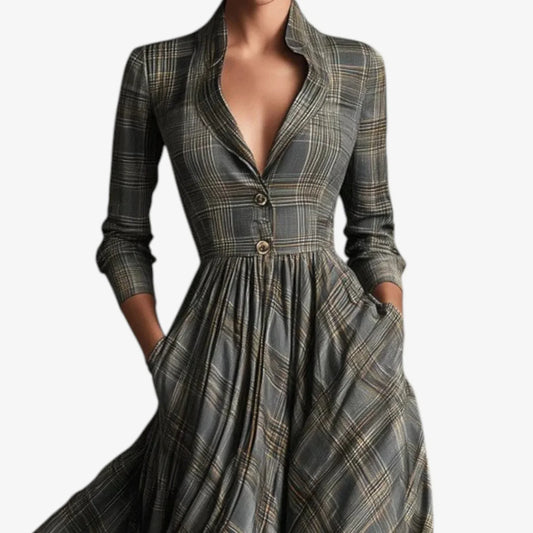 Women's plaid maxi dress with collared V-neck and 3/4 sleeve button-front – Grey