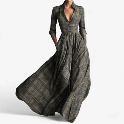 Women's plaid maxi dress with collared V-neck and 3/4 sleeve button-front – Grey