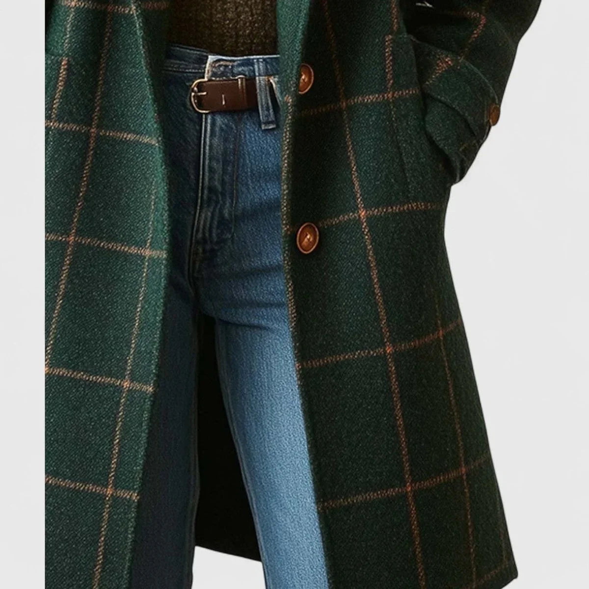 Women's plaid wool-blend longline notch-lapel coat – Dark Green