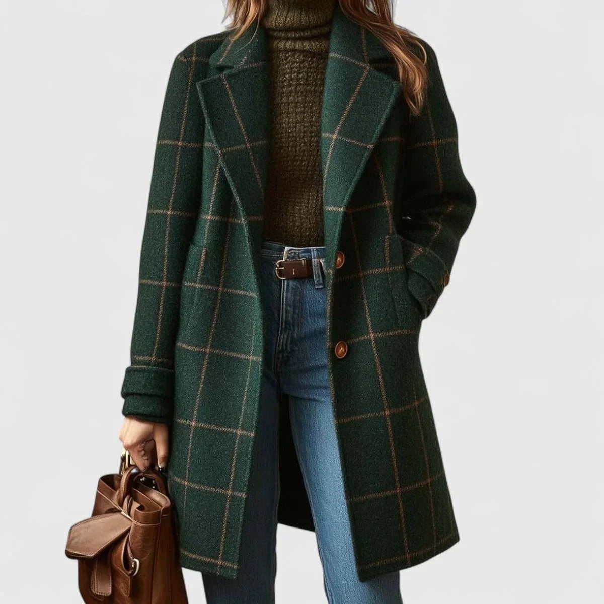Women's plaid wool-blend longline notch-lapel coat – Dark Green