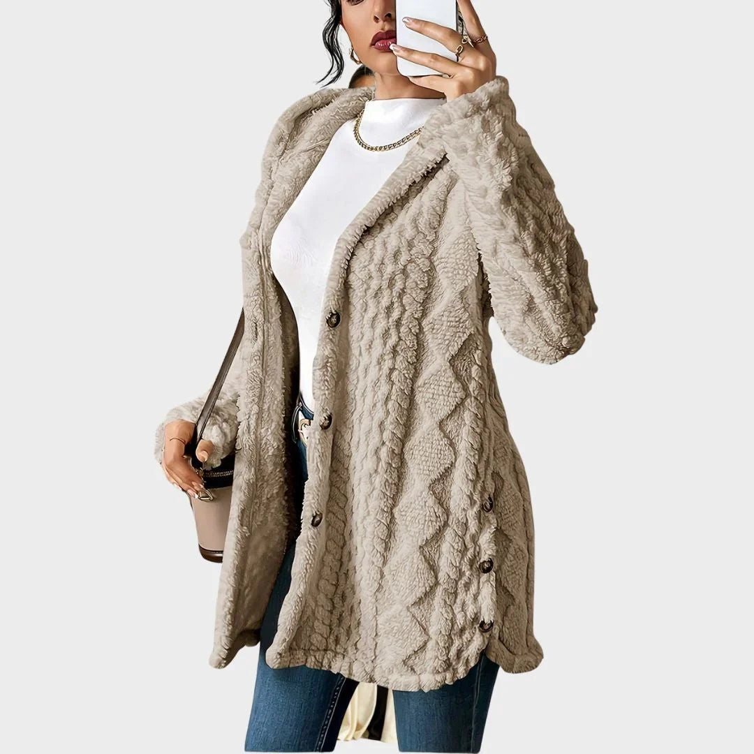 Women's plush hooded longline teddy coat with textured knit and buttons