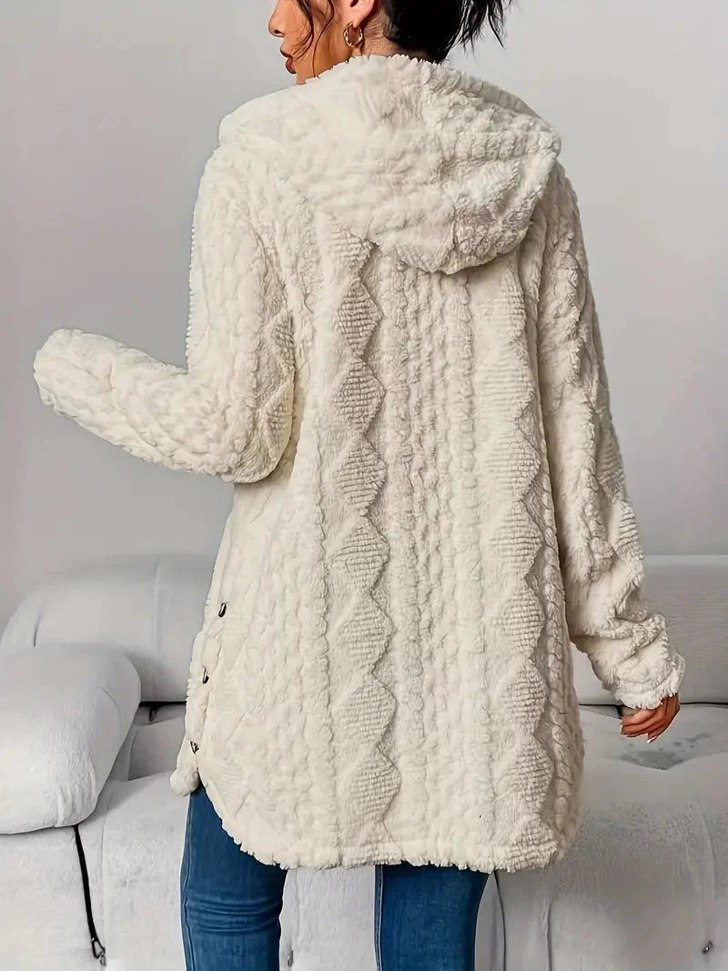 Women's plush hooded longline teddy coat with textured knit and buttons
