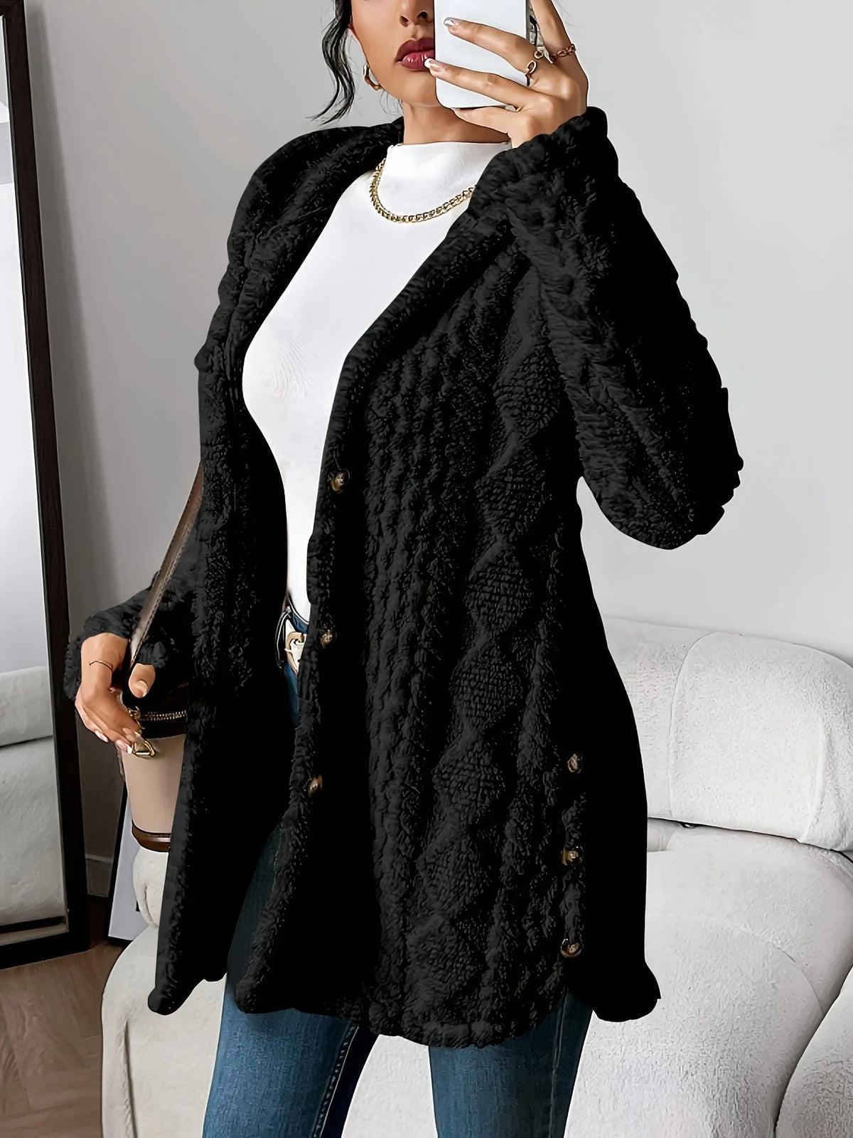 Women's plush hooded longline teddy coat with textured knit and buttons – Black