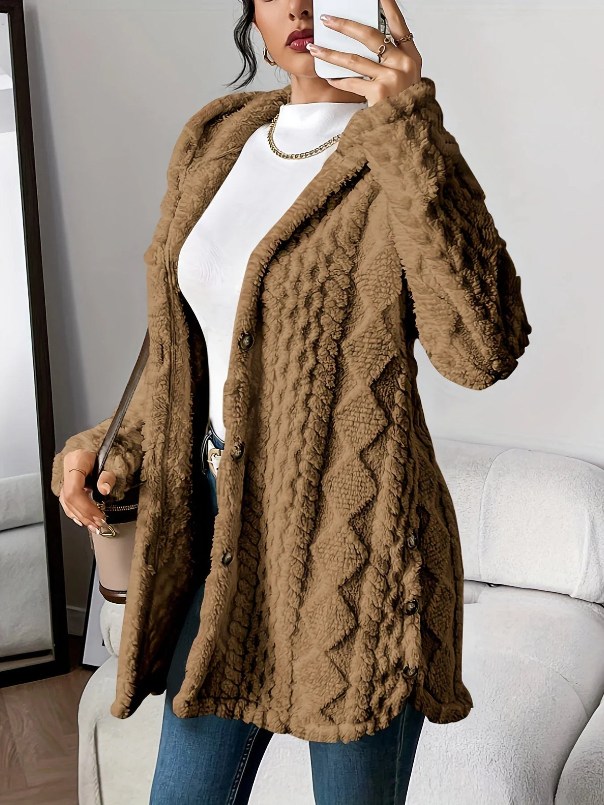 Women's plush hooded longline teddy coat with textured knit and buttons – Brown