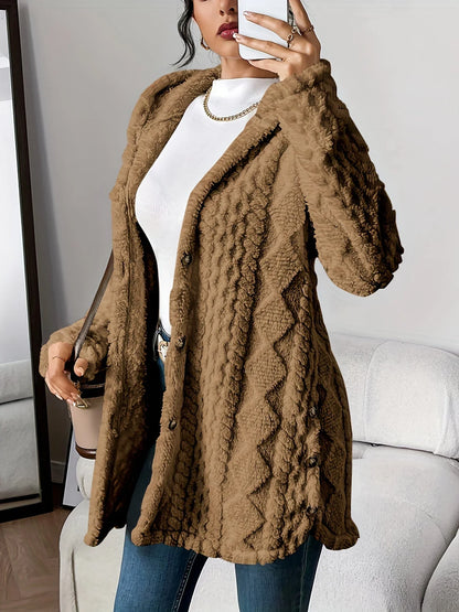 Women's plush hooded longline teddy coat with textured knit and buttons – Brown