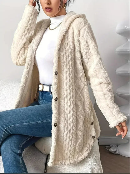 Women's plush hooded longline teddy coat with textured knit and buttons