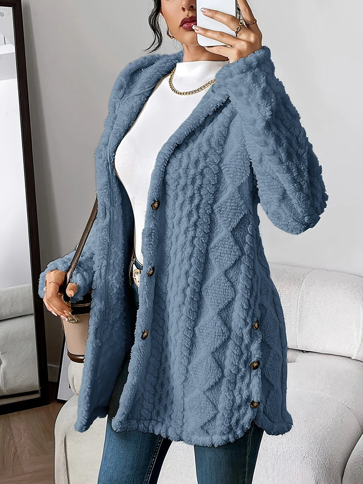 Women's plush hooded longline teddy coat with textured knit and buttons – Denim Blue