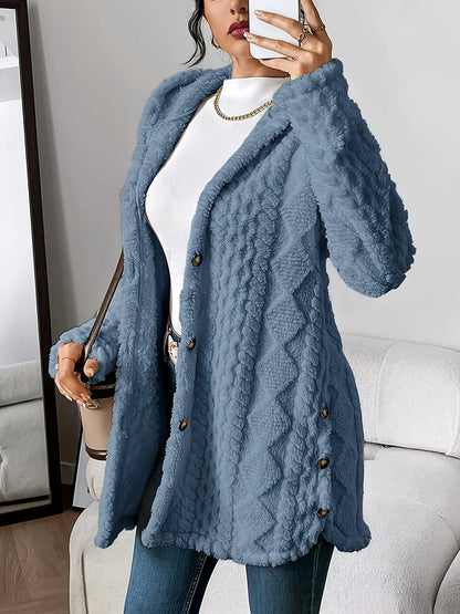Women's plush hooded longline teddy coat with textured knit and buttons – Denim Blue