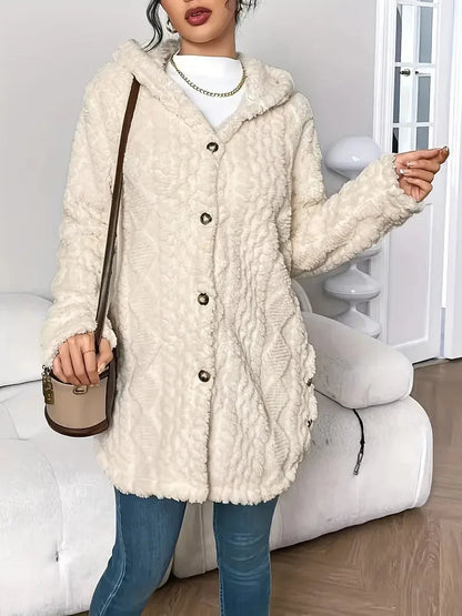 Women's plush hooded longline teddy coat with textured knit and buttons