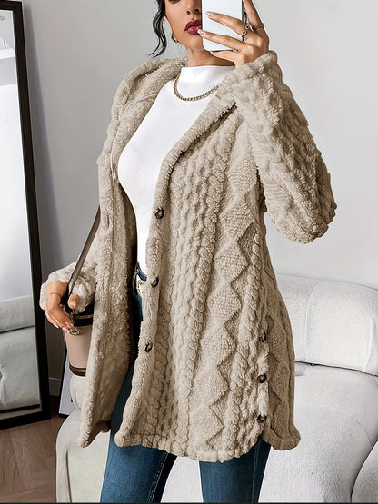 Women's plush hooded longline teddy coat with textured knit and buttons – Khaki