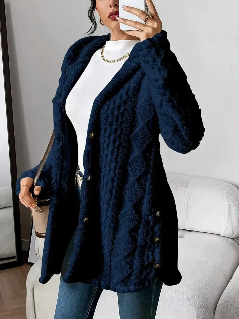 Women's plush hooded longline teddy coat with textured knit and buttons – Navy Blue