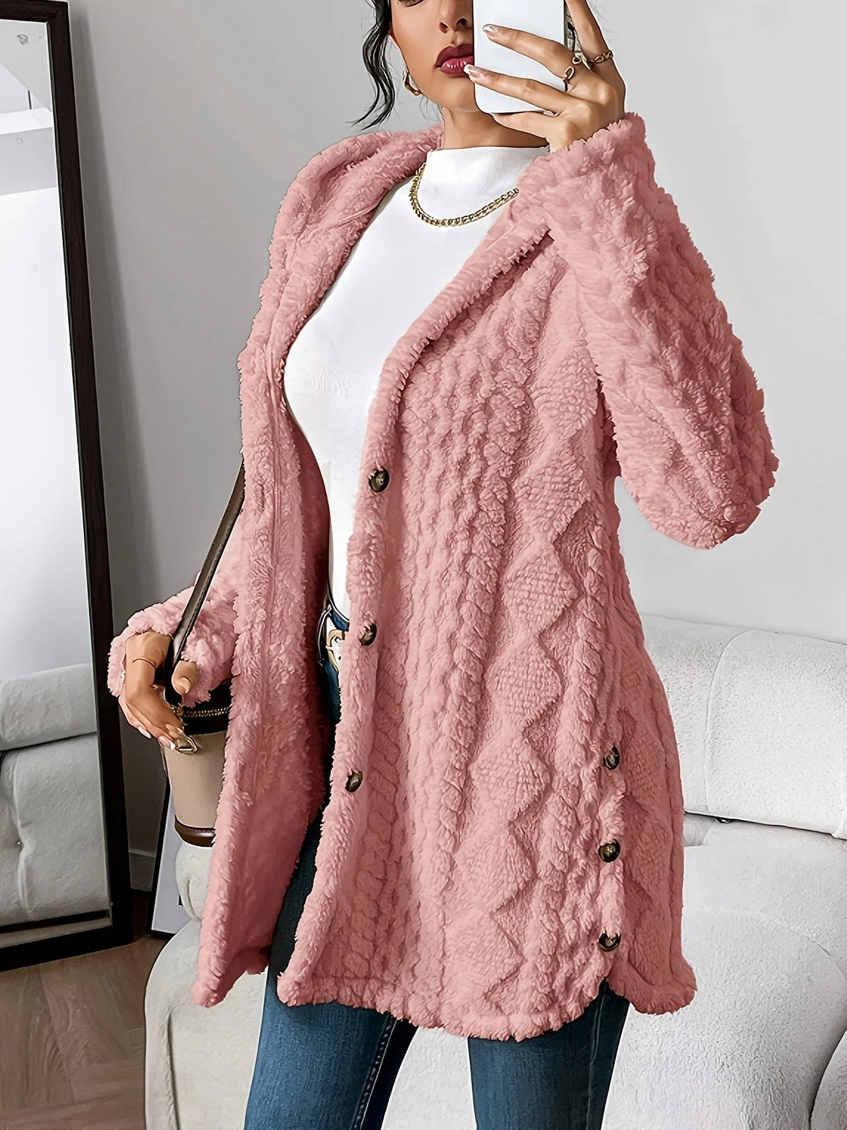 Women's plush hooded longline teddy coat with textured knit and buttons – Pink