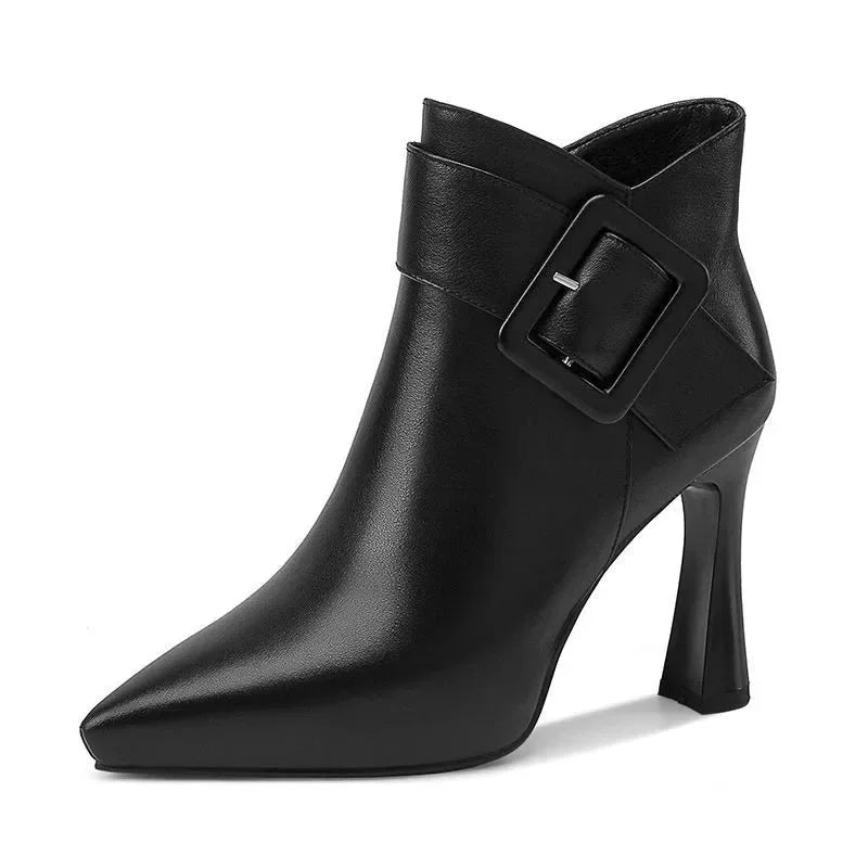 Women's pointed-toe high-heel ankle boots with buckle strap