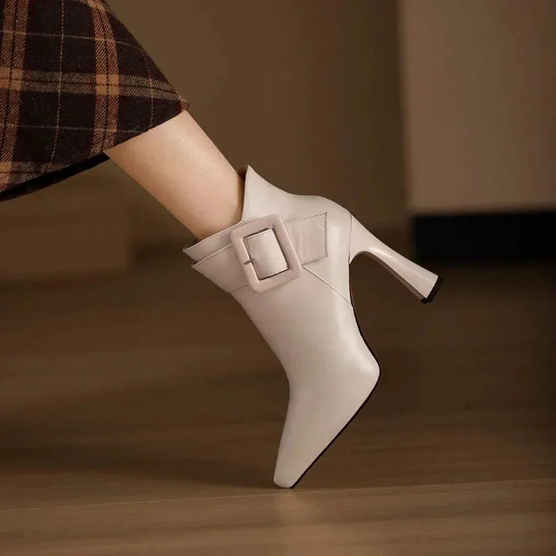 Women's pointed-toe high-heel ankle boots with buckle strap – Beige
