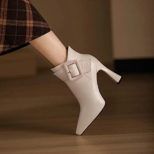 Women's pointed-toe high-heel ankle boots with buckle strap – Beige