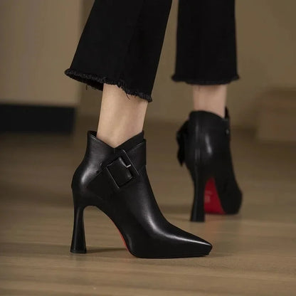 Women's pointed-toe high-heel ankle boots with buckle strap