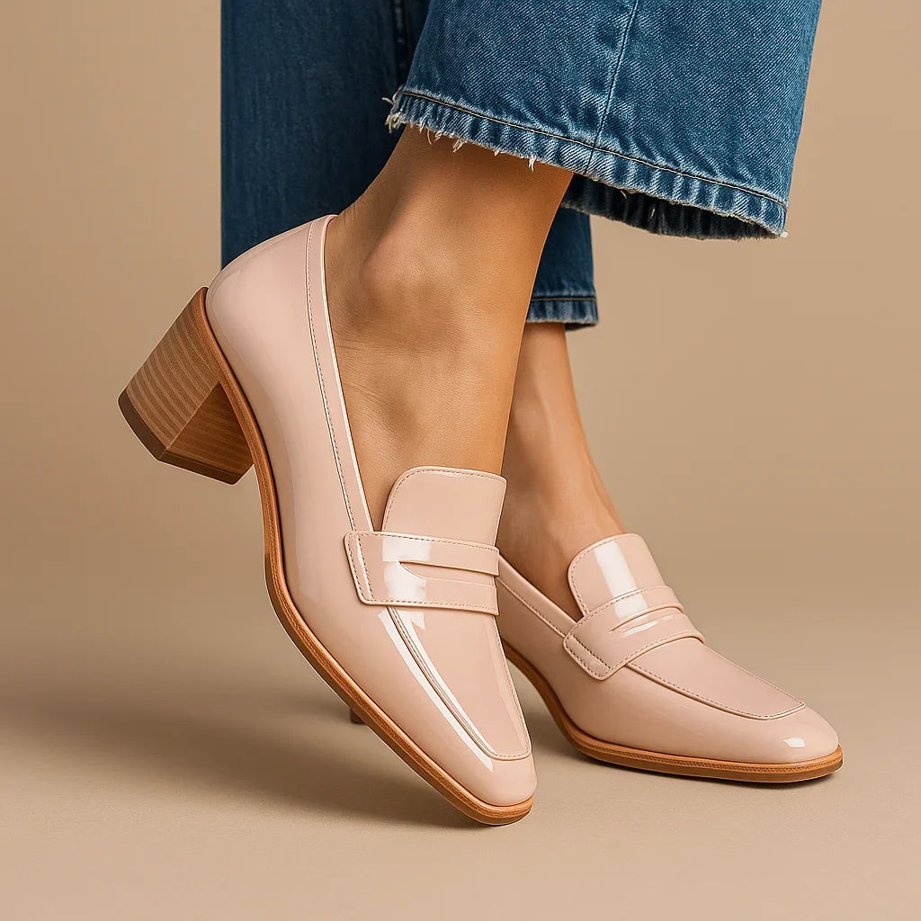 Women's polished patent penny loafers with block-heel and square-toe – Pink