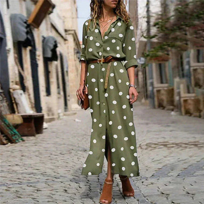 Women's polka dot long sleeve button-down shirt maxi dress – Army Green