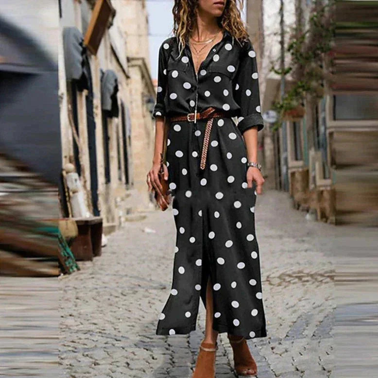 Women's polka dot long sleeve button-down shirt maxi dress – Black
