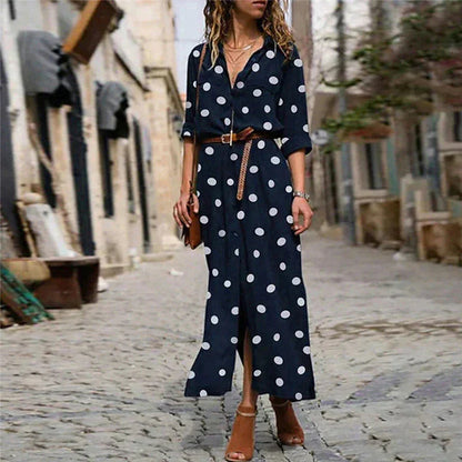 Women's polka dot long sleeve button-down shirt maxi dress – Navy Blue