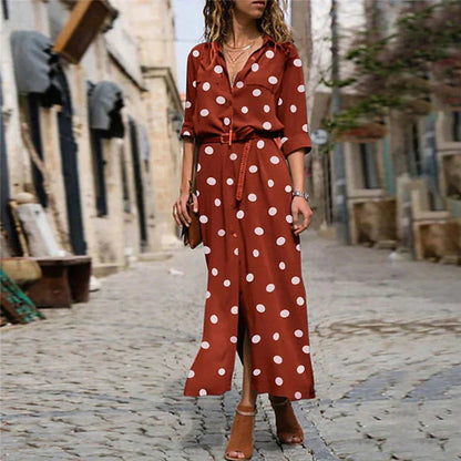 Women's polka dot long sleeve button-down shirt maxi dress – Red
