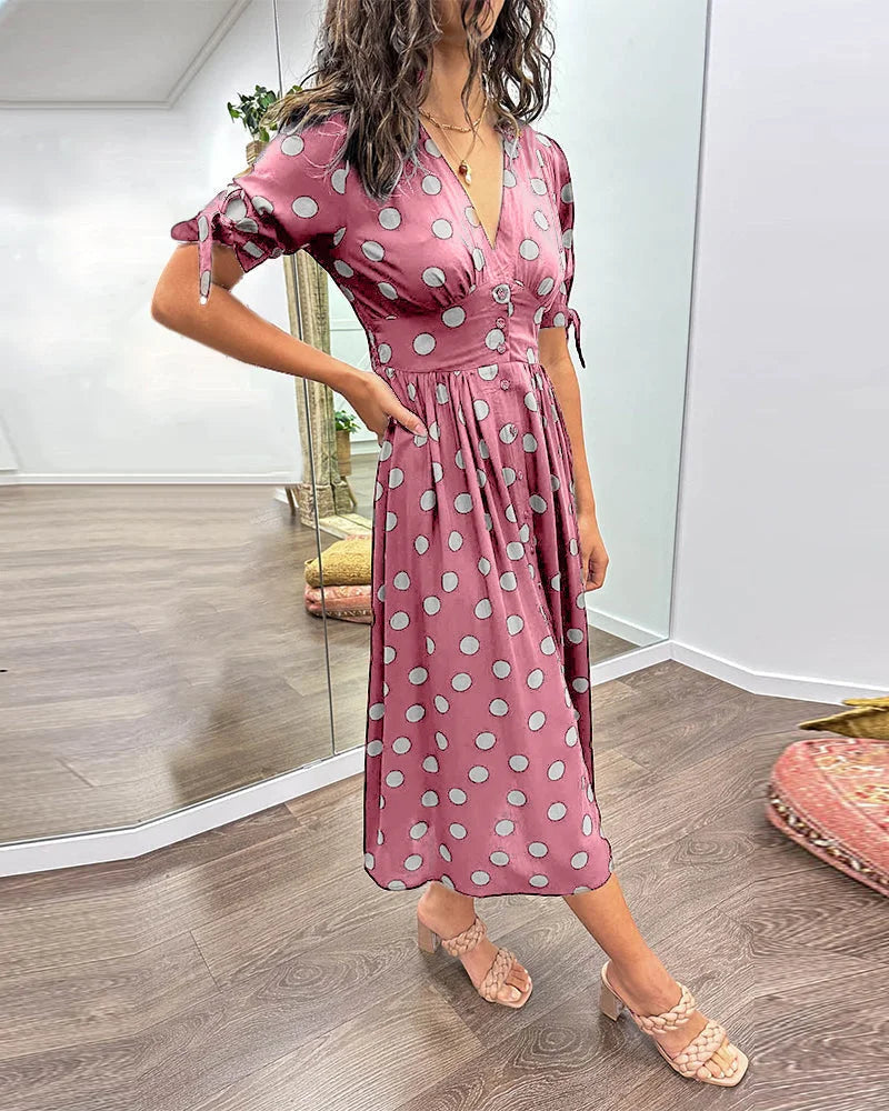 Women's polka-dot midi dress with V-neck tie-sleeves button-front closure
