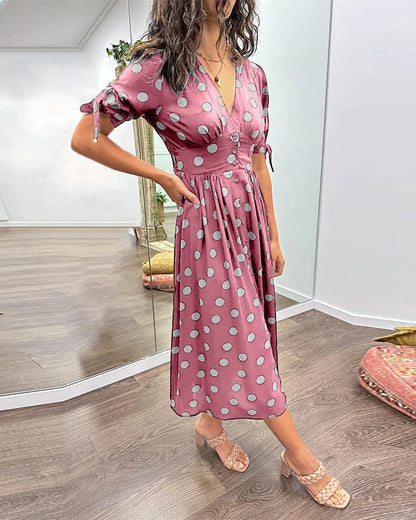Women's polka-dot midi dress with V-neck tie-sleeves button-front closure