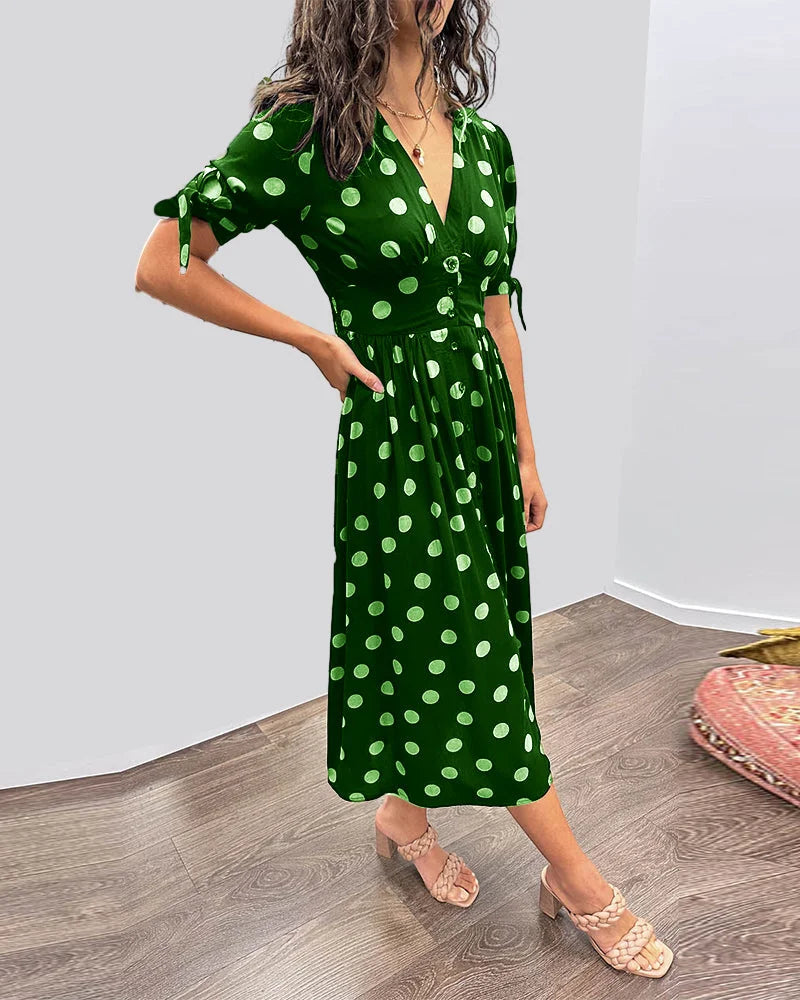 Women's polka-dot midi dress with V-neck tie-sleeves button-front closure