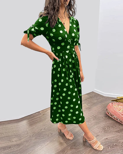 Women's polka-dot midi dress with V-neck tie-sleeves button-front closure