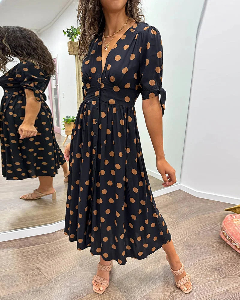 Women's polka-dot midi dress with V-neck tie-sleeves button-front closure