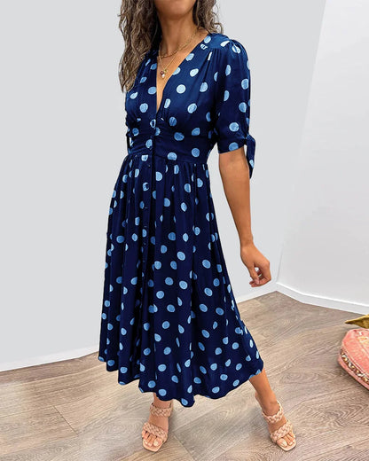 Women's polka-dot midi dress with V-neck tie-sleeves button-front closure
