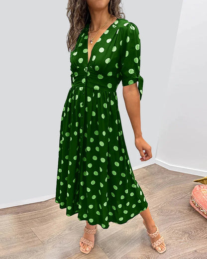 Women's polka-dot midi dress with V-neck tie-sleeves button-front closure