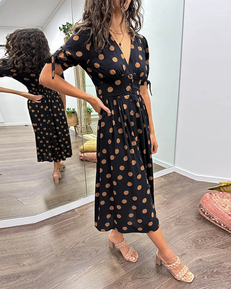 Women's polka-dot midi dress with V-neck tie-sleeves button-front closure