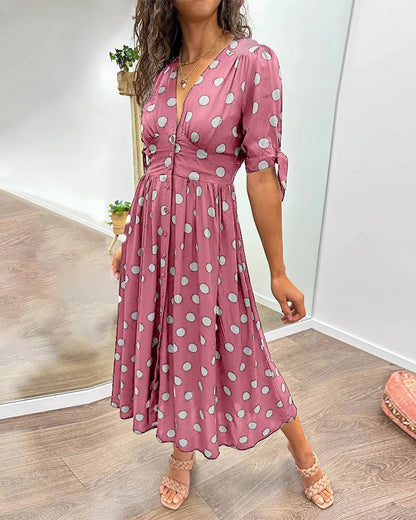 Women's polka-dot midi dress with V-neck tie-sleeves button-front closure