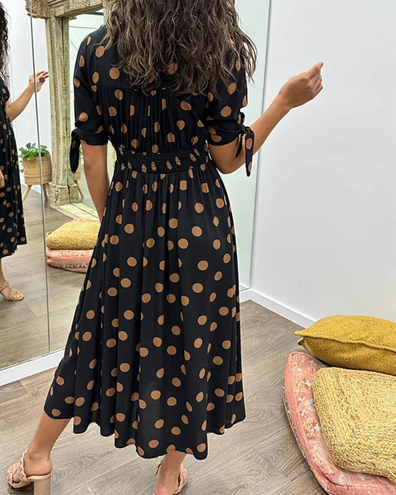 Women's polka-dot midi dress with V-neck tie-sleeves button-front closure