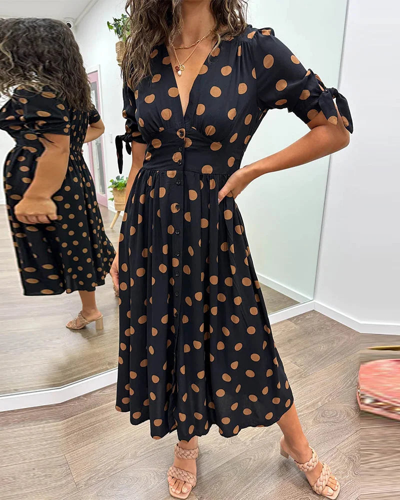 Women's polka-dot midi dress with V-neck tie-sleeves button-front closure – Black