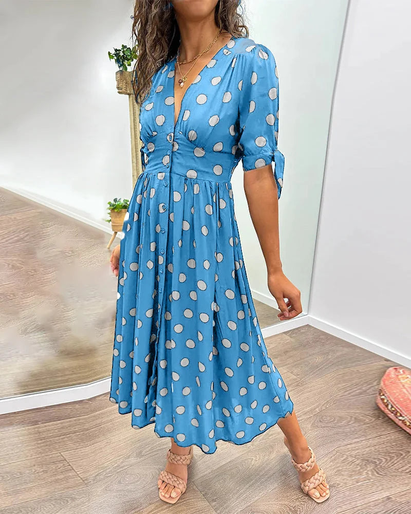 Women's polka-dot midi dress with V-neck tie-sleeves button-front closure