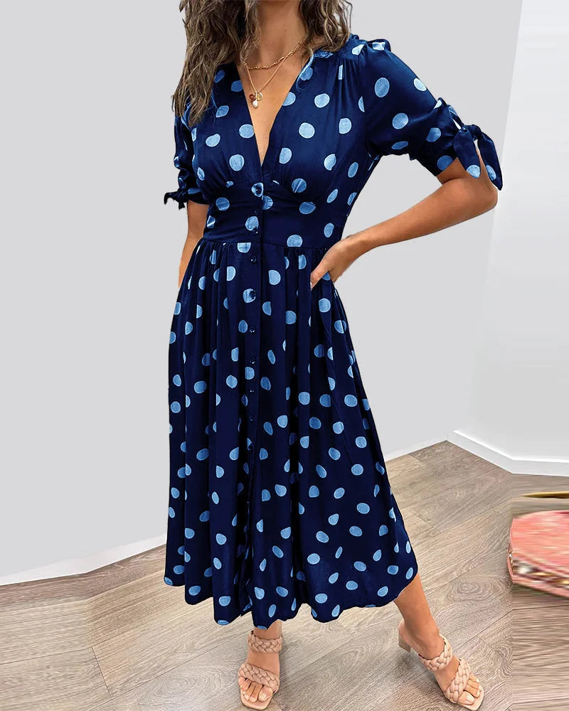 Women's polka-dot midi dress with V-neck tie-sleeves button-front closure – Dark Blue