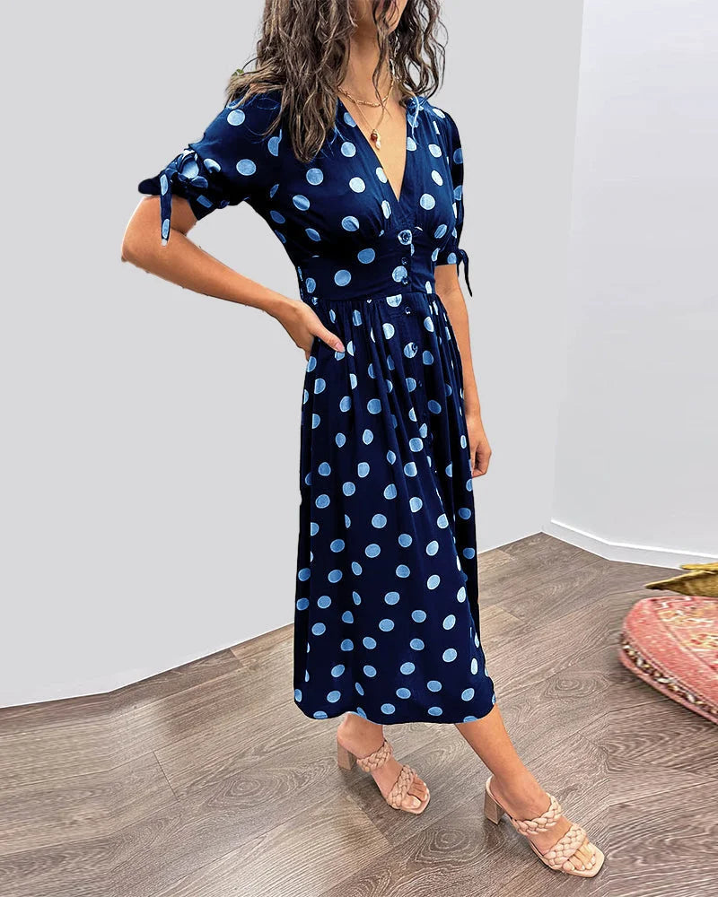 Women's polka-dot midi dress with V-neck tie-sleeves button-front closure