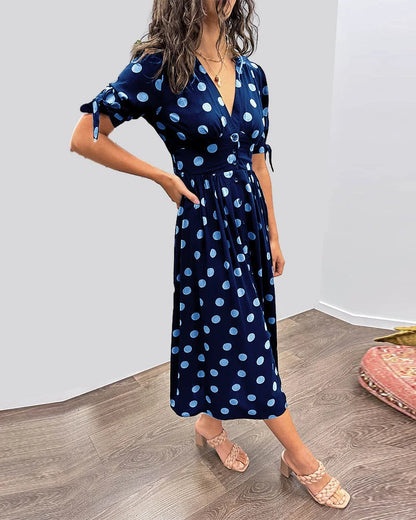 Women's polka-dot midi dress with V-neck tie-sleeves button-front closure