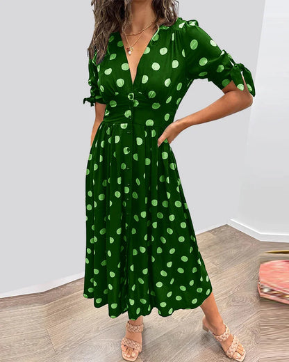 Women's polka-dot midi dress with V-neck tie-sleeves button-front closure – Green