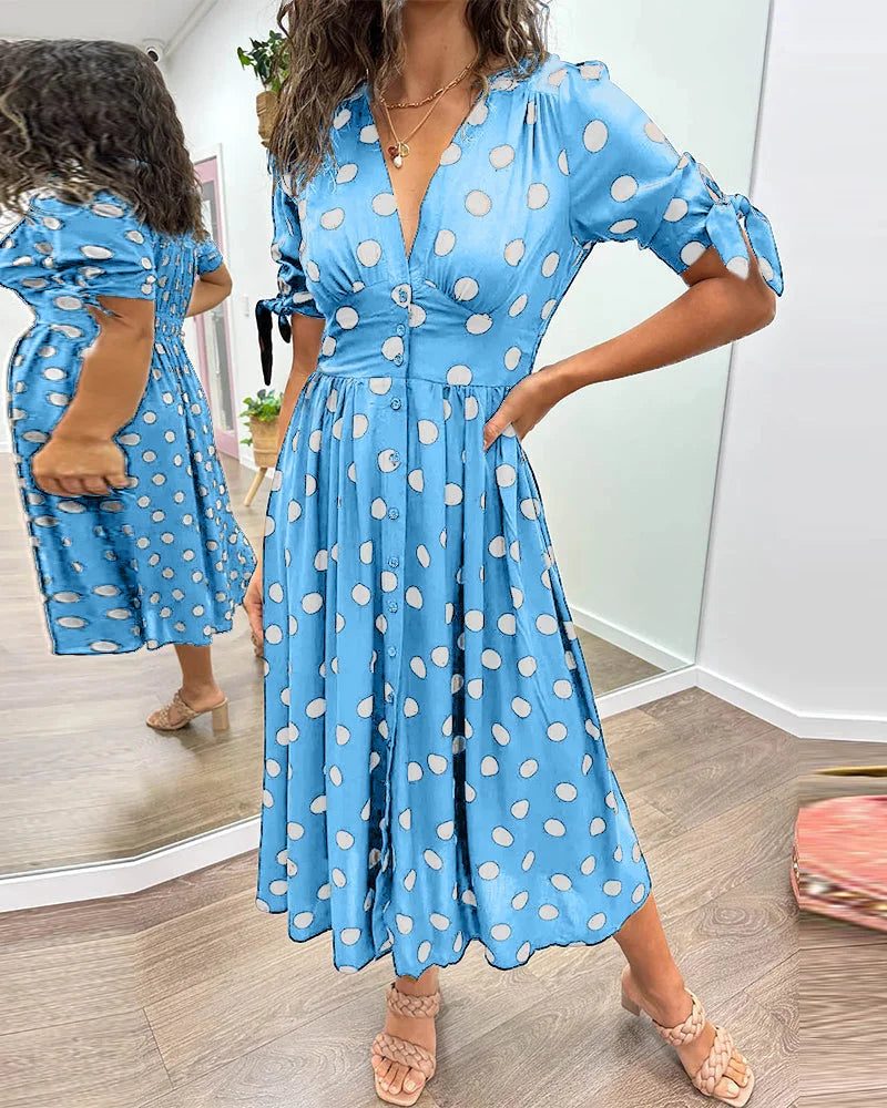 Women's polka-dot midi dress with V-neck tie-sleeves button-front closure – Light Blue