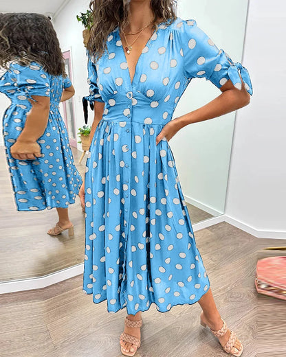 Women's polka-dot midi dress with V-neck tie-sleeves button-front closure – Light Blue