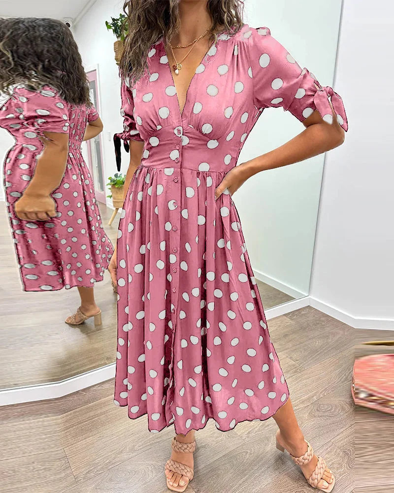 Women's polka-dot midi dress with V-neck tie-sleeves button-front closure – Purple