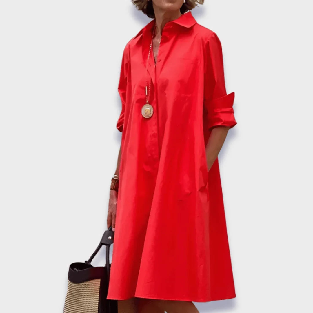 Women's polo midi dress with collared button-front long sleeves and pockets – Red