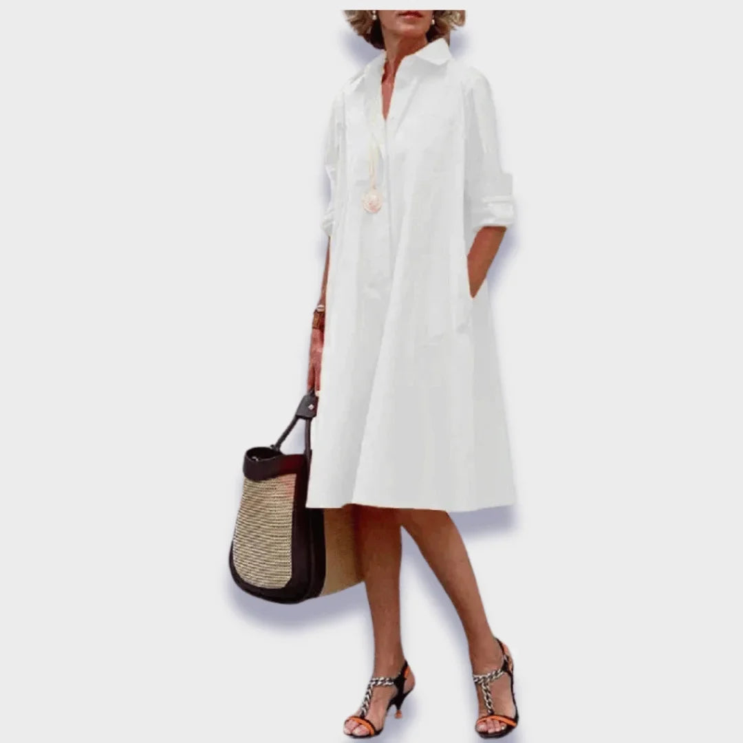 Women's polo midi dress with collared button-front long sleeves and pockets – White